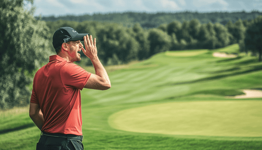 A golfer stands at the edge of the green and shouts "Fore" to someone in the distance.