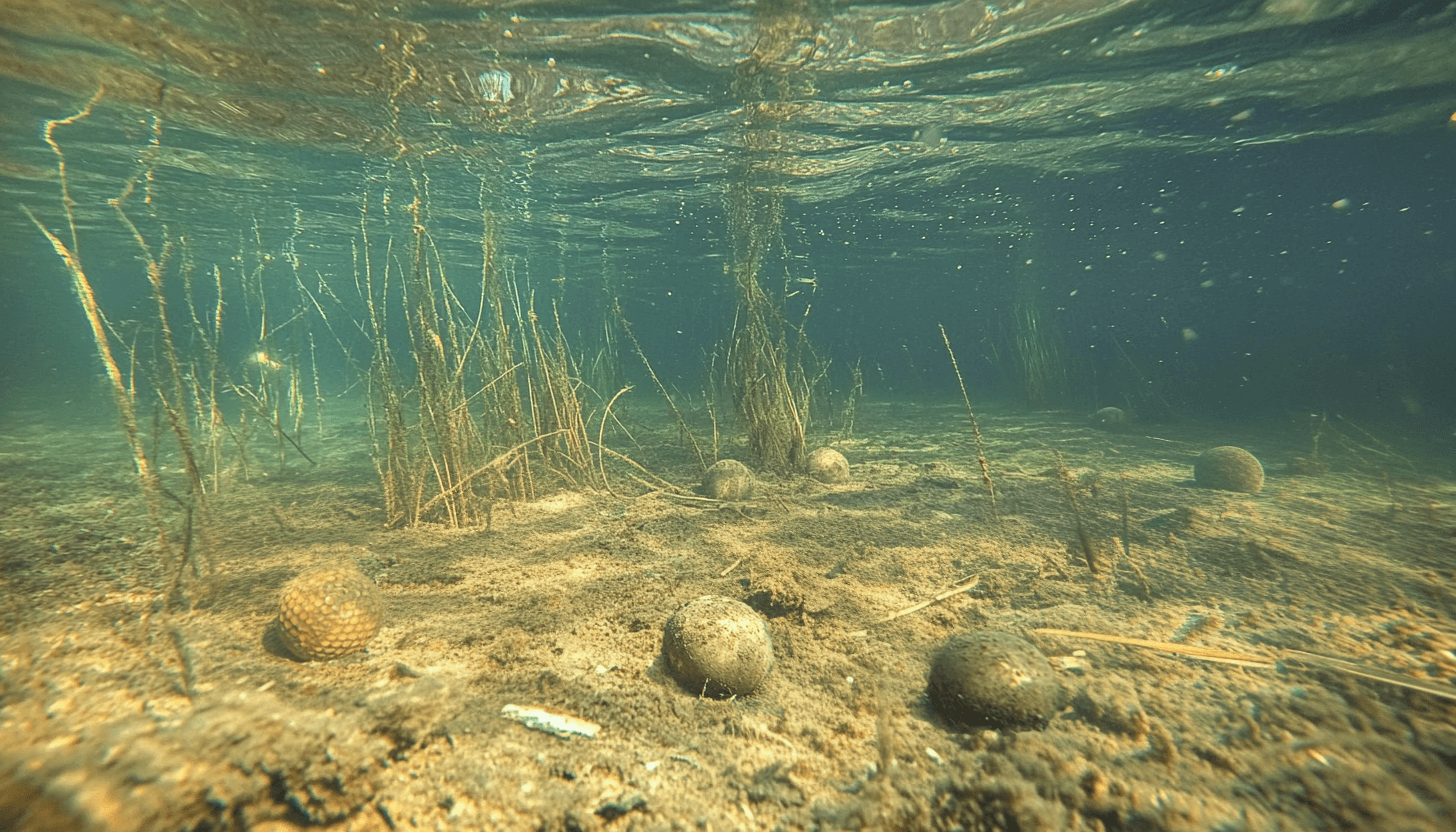 Golf balls resting underwater at the floor of a water hazard