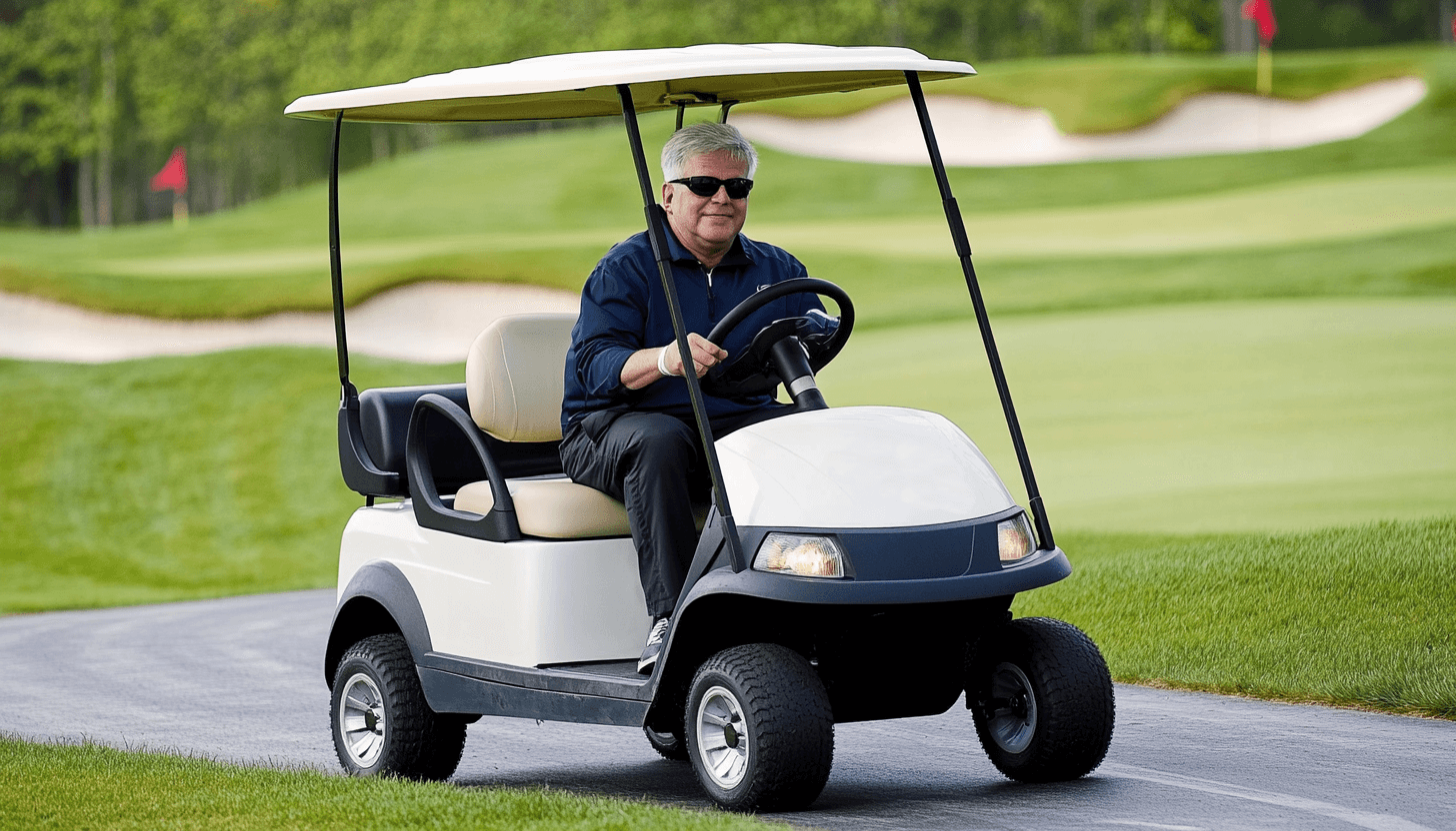 A golf marshal patrols in his golf cart, surveying groups of golfers to enforce pace of play.