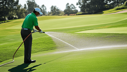 A golf course superintendent watering the fairway close to the green.