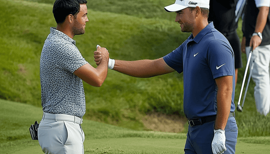 Two competitors shake hands after completing a round of golf.