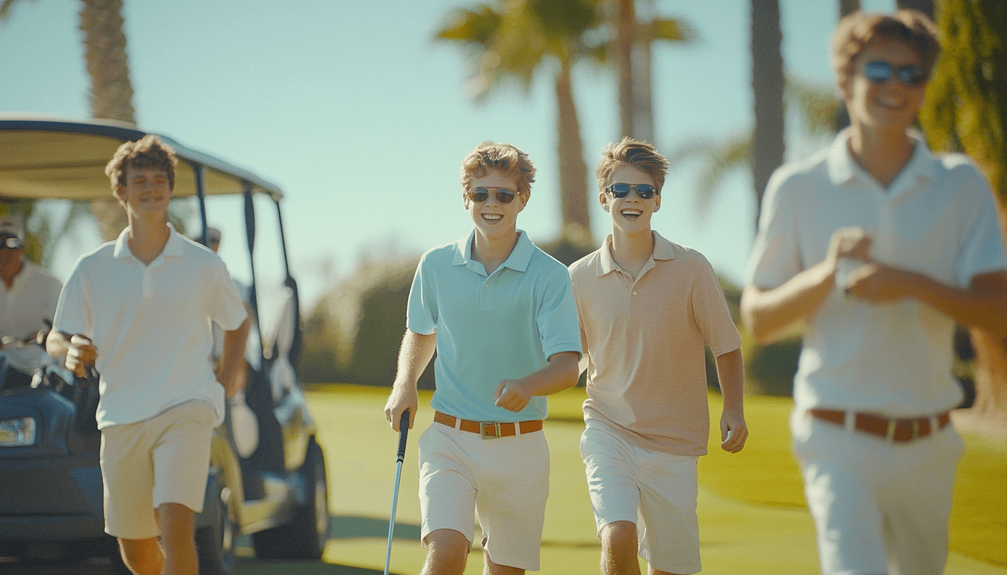 Four young golfers enjoy a round together on a beautiful sunny day.